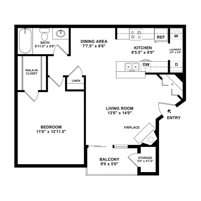 1-bedroom, 1-bathroom floor plan