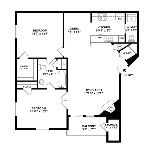 2-bedroom, 1-bathroom floor plan