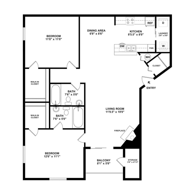 2-bedroom, 2-bathroom floor plan with living room, dining area, kitchen, balcony, and storage.