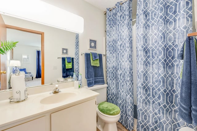 Bathroom with vanity, toilet, and shower with blue patterned curtain.