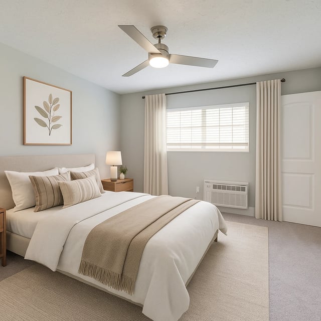 Bedroom with a king-size bed, ceiling fan, and window with blinds.