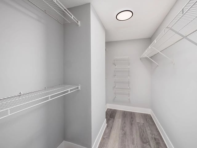 Empty walk-in closet with wire shelving