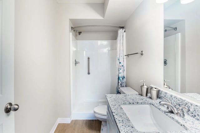 Bathroom with a vanity, toilet, and shower with a grab bar.