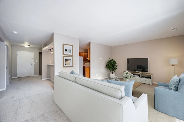 Bright living room with a white sofa, blue accent chair, and TV.