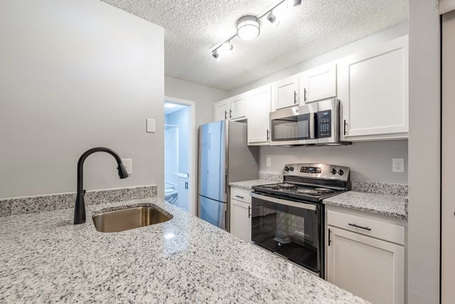 Modern kitchen with granite countertops, stainless steel appliances, and ample cabinet space.