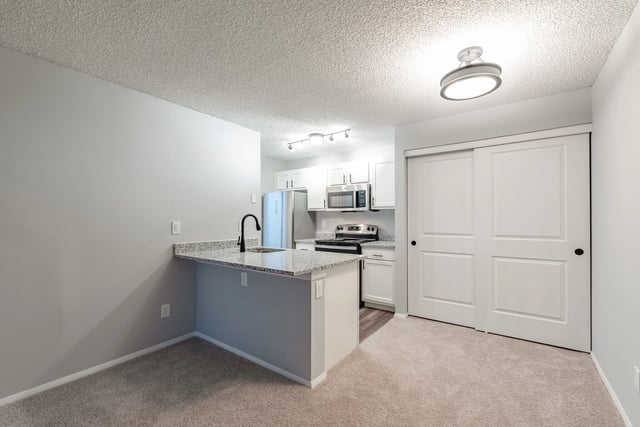 Modern kitchen with granite countertops, stainless steel appliances, and ample cabinet space.
