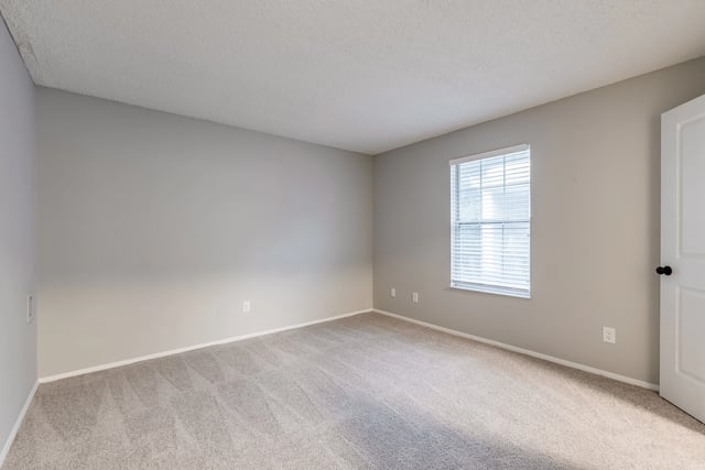 Empty bedroom with neutral gray walls, carpet, and a window with blinds.