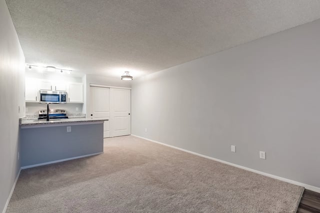 Spacious living area with a small kitchenette and sliding closet doors.
