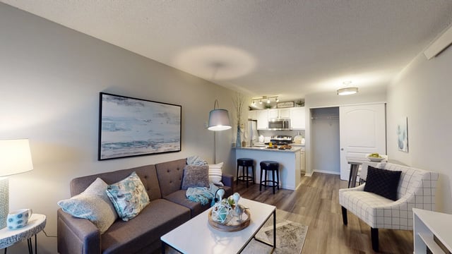 Modern living room and kitchen area with a sofa, coffee table, and breakfast bar.