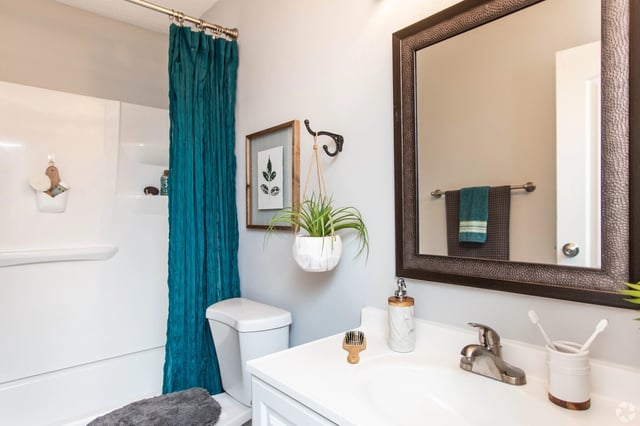Modern bathroom with a white vanity, chrome faucet, and decorative mirror.