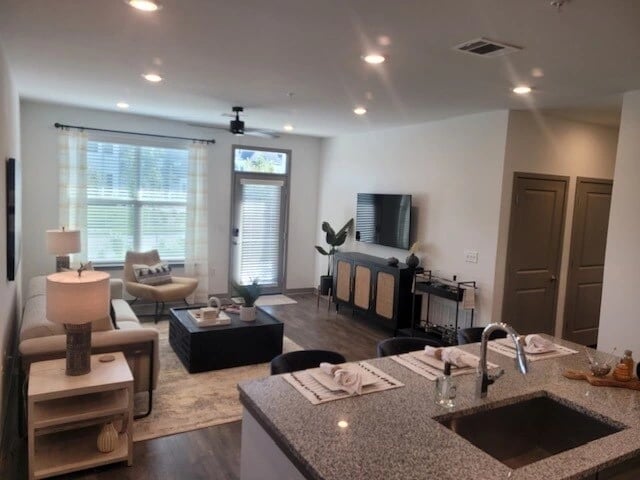 Living room and kitchen area of an apartment