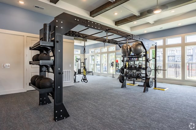 Gym with weight rack, medicine balls, kettlebells, barbells, and TRX equipment.