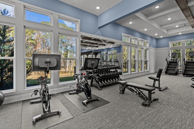Modern fitness center with cardio equipment, weights, and benches.