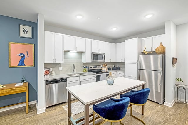 Modern kitchen with white cabinets, stainless steel appliances, and a large island with blue stools.