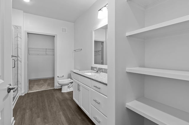 Modern bathroom vanity with granite countertop and stainless steel fixtures, adjacent to a walk-in closet and shower.