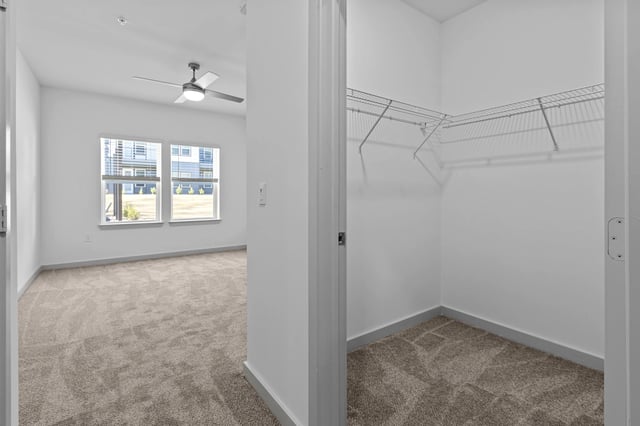 Bedroom with ceiling fan and large closet, viewed from hallway.