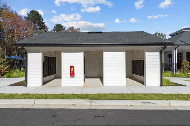 Mailboxes and fire extinguisher on building exterior