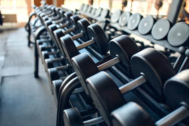 Dumbbells neatly arranged on a rack in a gym.