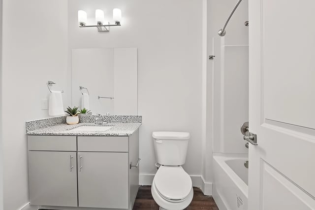 Modern bathroom with vanity, toilet, and bathtub.