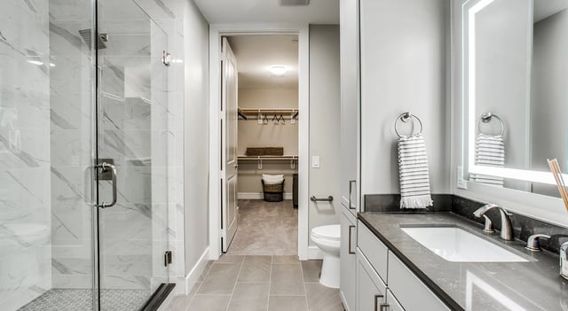Modern bathroom with a walk-in shower, vanity, and a connected closet.