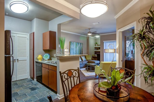 Modern apartment kitchen and living room with dining area.