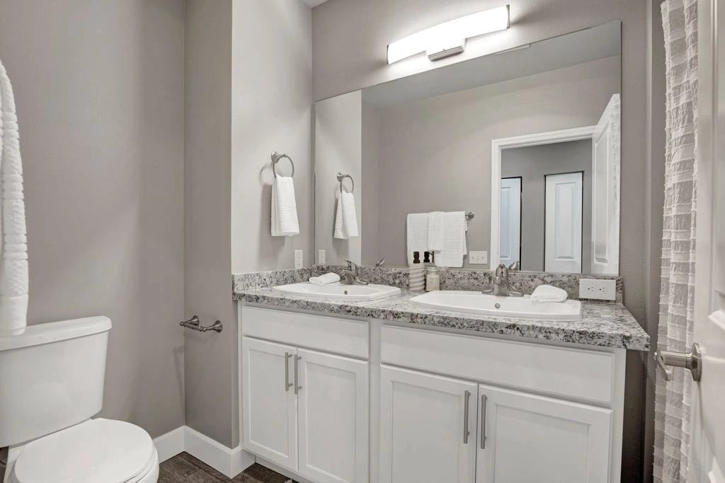 Bathroom with a double-sink vanity, granite countertop, and a large mirror.