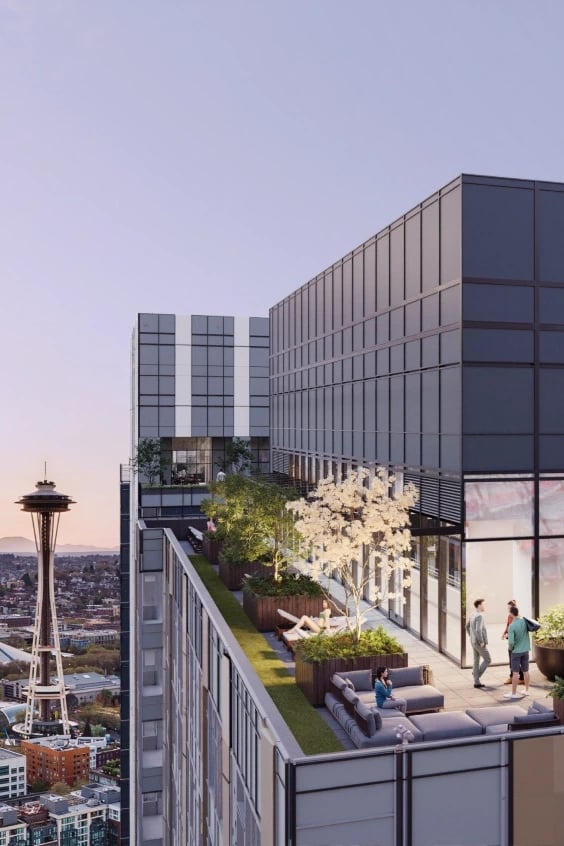 Rooftop terrace on a modern high-rise with seating, planters, and people.