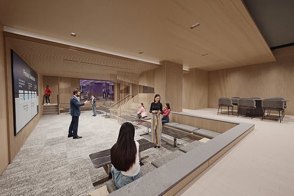 Modern apartment lobby interior with wood panels, seating, and visitors.