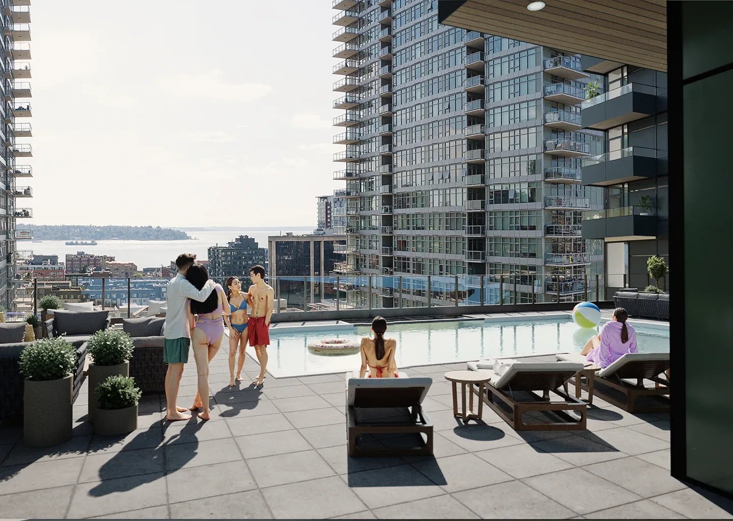 Rooftop pool deck at a modern high-rise apartment with guests in swimsuits.
