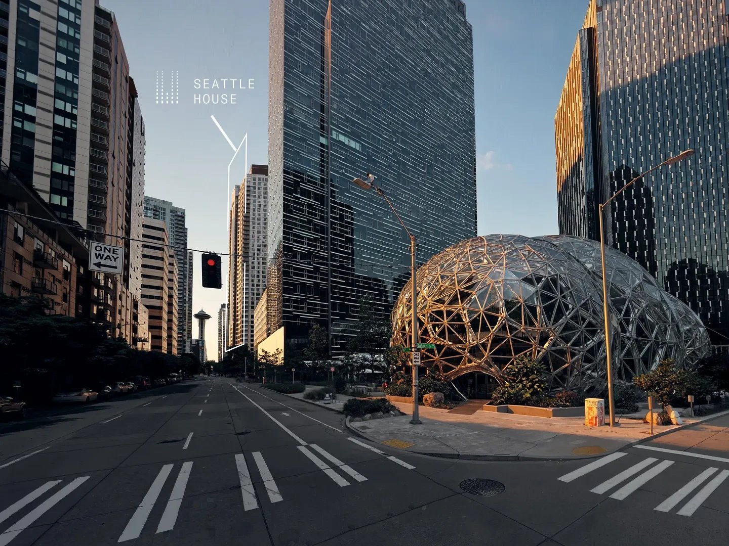 Exterior cityscape with tall buildings and a glass geodesic dome on a property corner.