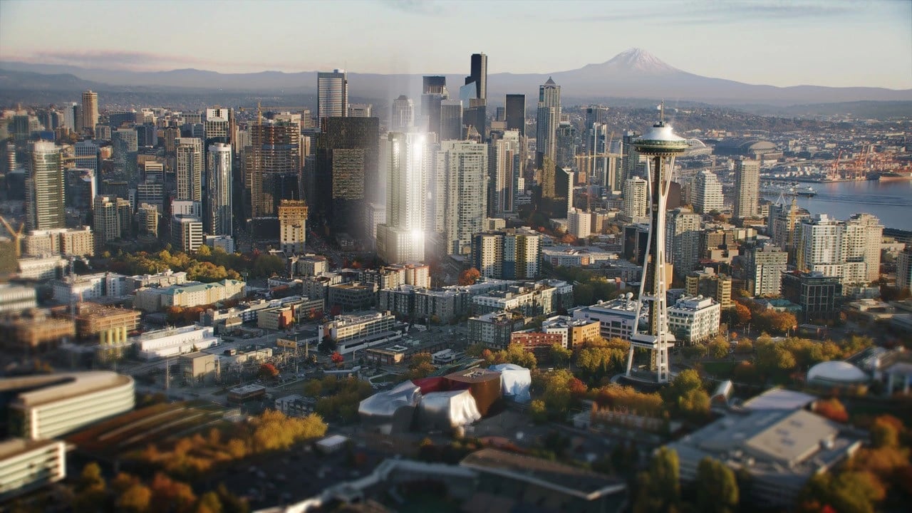 Aerial view of Seattle skyline featuring the Space Needle.